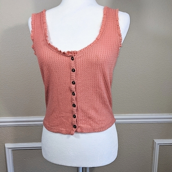 Peach Waffle Button Up Crop Tank Top - Picture 1 of 6